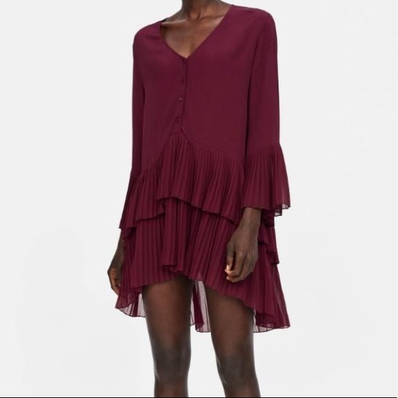Zara Dresses & Skirts - Zara Pleated Burgundy Tiered Mini Fall Dress Size XS 🍁
